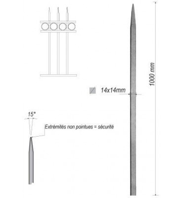 pièce élément ferronnier serrurier Barreau appointé CARRE Longueur 1000 Section 14x14 ACIER FER FORGE Ref: 1CL14-1000