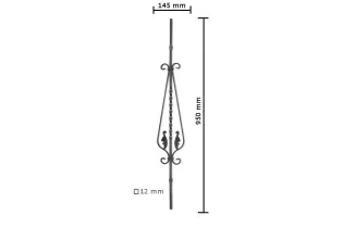 pièce élément ferronnier serrurier Balustre DROITE 950x145 Section 12x12 ACIER FER FORGE Ref: BE05514