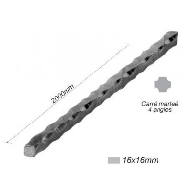 pièce élément ferronnier serrurier Barre MARTELE CARRE Longueur 2000 Section 16x16 ACIER FER FORGE Ref: CM16-2000
