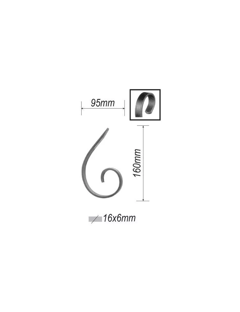 VOLUTE en demi C LISSE PLAT 160x95 Section 16x6 ACIER FER FORGE Ref: F53.212 F53.212