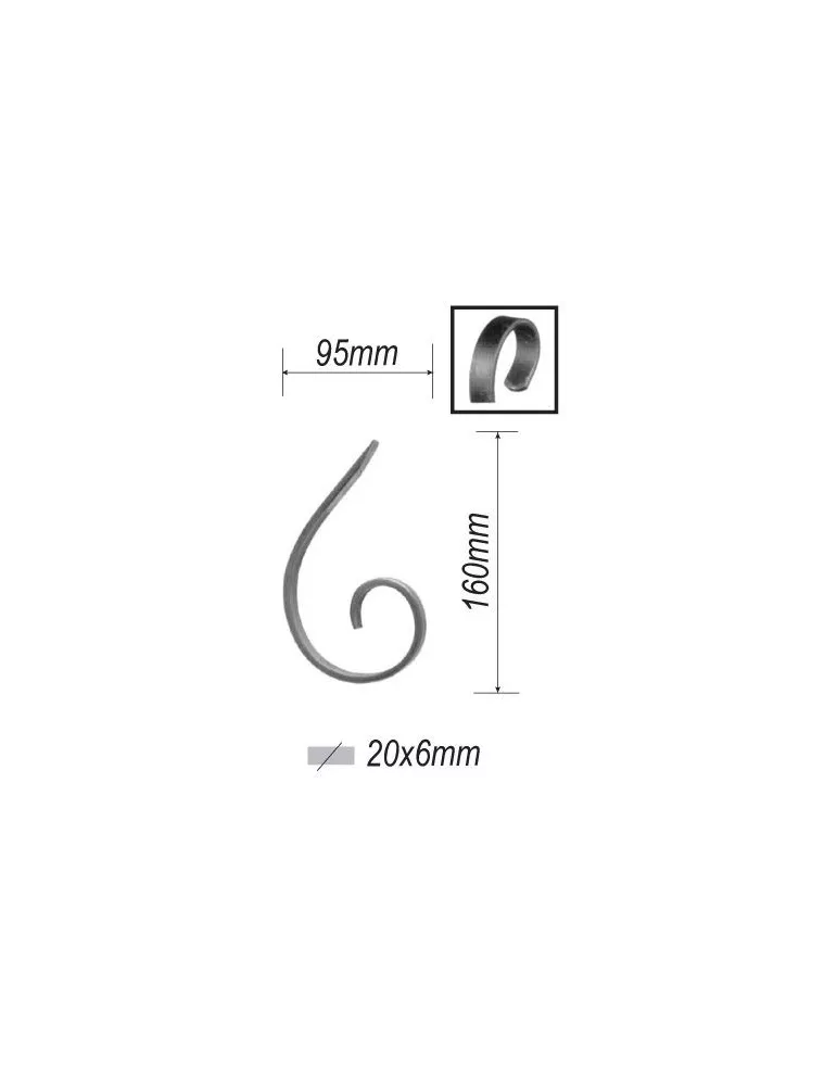 VOLUTE en demi C LISSE PLAT 160x95 Section 20x6 ACIER FER FORGE Ref: F53.213 F53.213