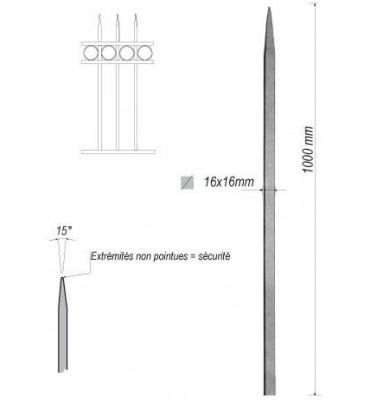 pièce élément ferronnier serrurier Barreau appointé CARRE Longueur 1000 Section 16x16 ACIER FER FORGE Ref: 1CL16-1000