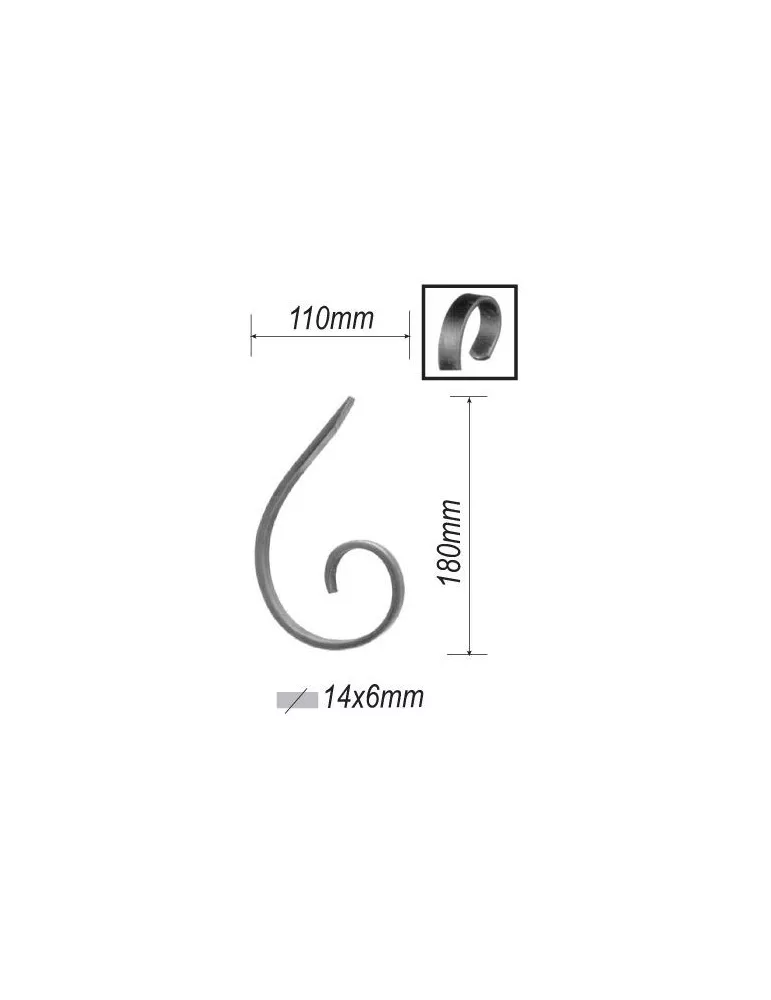pièce élément ferronnier serrurier VOLUTE en demi C LISSE PLAT 180x110 Section 14x6 ACIER FER FORGE Ref: F53.216