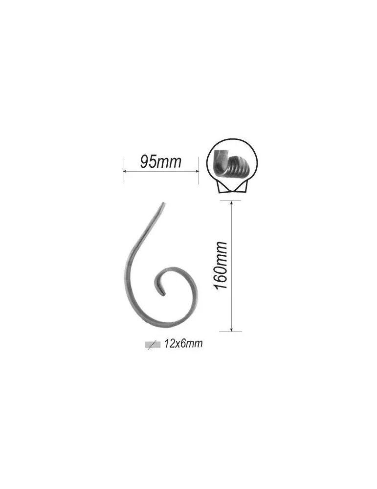 VOLUTE en demi C LISSE PATTE D OIE 160x95 Section 12x6 ACIER FER FORGE Ref: F53.225 F53.225