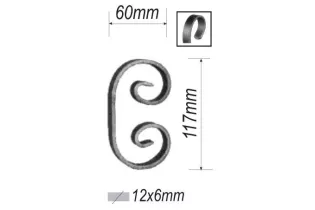 pièce élément ferronnier serrurier VOLUTE en C LISSE PLAT 117x60 Section 12x6 ACIER FER FORGE Ref: F53.301