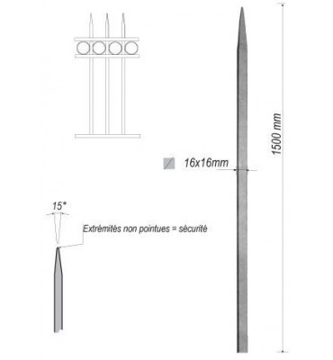 pièce élément ferronnier serrurier Barreau appointé CARRE Longueur 1500 Section 16x16 ACIER FER FORGE Ref: 1CL16-1500
