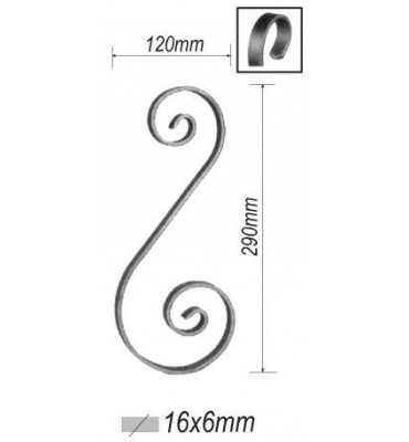 pièce élément ferronnier serrurier VOLUTE en S LISSE PLAT 290x120 Section 16x6 ACIER FER FORGE Ref: F53.319