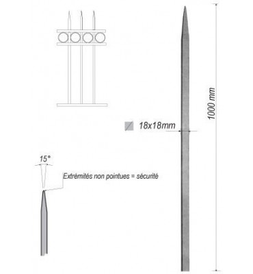 pièce élément ferronnier serrurier Barreau appointé CARRE Longueur 1000 Section 18x18 ACIER FER FORGE Ref: 1CL18-1000