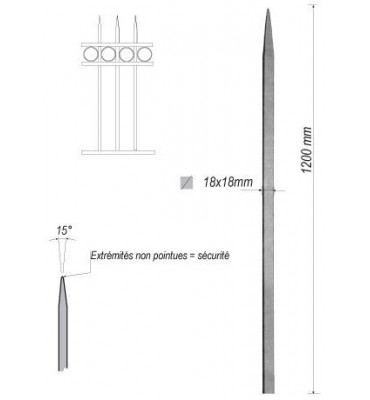 pièce élément ferronnier serrurier Barreau appointé CARRE Longueur 1200 Section 18x18 ACIER FER FORGE Ref: 1CL18-1200