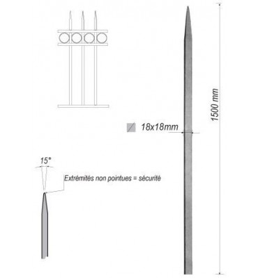 pièce élément ferronnier serrurier Barreau appointé CARRE Longueur 1500 Section 18x18 ACIER FER FORGE Ref: 1CL18-1500