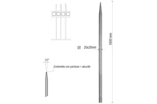 pièce élément ferronnier serrurier Barreau appointé CARRE Longueur 1000 Section 20x20 ACIER FER FORGE Ref: 1CL20-1000