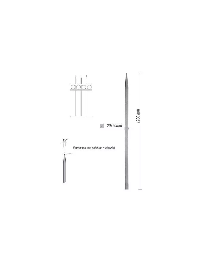pièce élément ferronnier serrurier Barreau appointé CARRE Longueur 1200 Section 20x20 ACIER FER FORGE Ref: 1CL20-1200