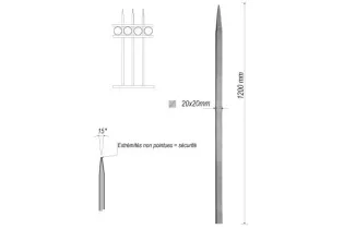 pièce élément ferronnier serrurier Barreau appointé CARRE Longueur 1200 Section 20x20 ACIER FER FORGE Ref: 1CL20-1200