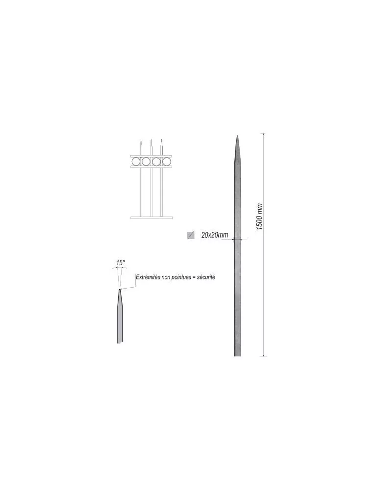 pièce élément ferronnier serrurier Barreau appointé CARRE Longueur 1500 Section 20x20 ACIER FER FORGE Ref: 1CL20-1500