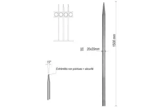 pièce élément ferronnier serrurier Barreau appointé CARRE Longueur 1500 Section 20x20 ACIER FER FORGE Ref: 1CL20-1500