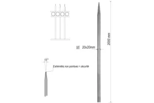 pièce élément ferronnier serrurier Barreau appointé CARRE Longueur 2000 Section 20x20 ACIER FER FORGE Ref: 1CL20-2000