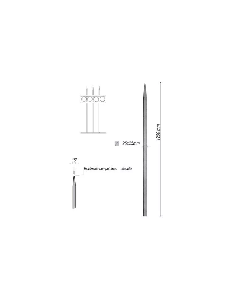 pièce élément ferronnier serrurier Barreau appointé CARRE Longueur 1200 Section 25x25 ACIER FER FORGE Ref: 1CL25-1200