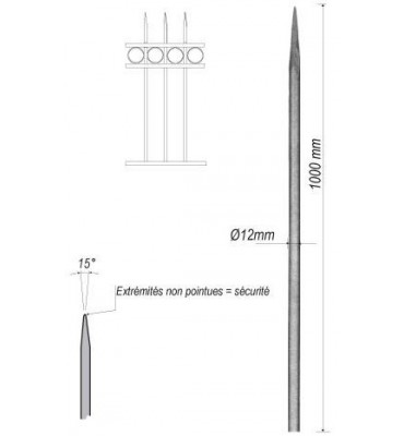 pièce élément ferronnier serrurier Barreau appointé ROND Longueur 1000 Diamètre 12 ACIER FER FORGE Ref: 1RL12-1000