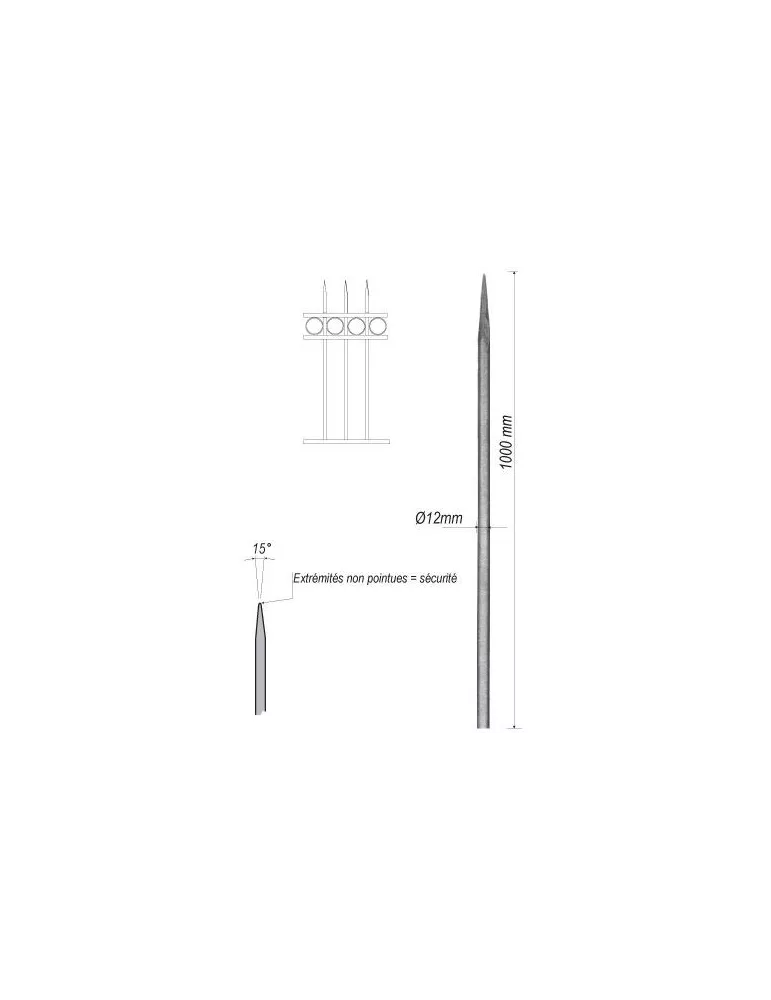 pièce élément ferronnier serrurier Barreau appointé ROND Longueur 1000 Diamètre 12 ACIER FER FORGE Ref: 1RL12-1000