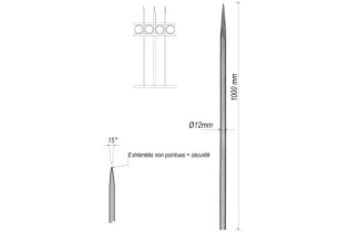 pièce élément ferronnier serrurier Barreau appointé ROND Longueur 1000 Diamètre 12 ACIER FER FORGE Ref: 1RL12-1000